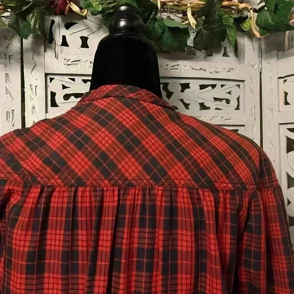 VINTAGE LESLIE FAY EXTRAORDINARY RED PLAID FIT FLARE LONG SLEEVE MIDI DRESS L
